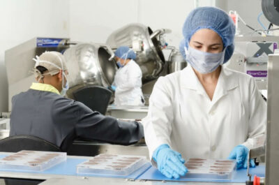 Three food factory workers wearing masks, hair nets, gloves and lab coats
