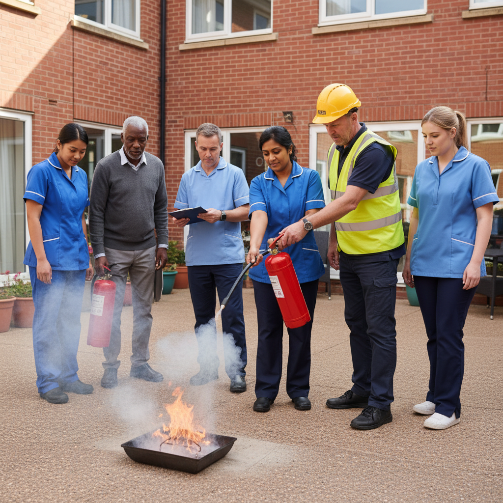 Care home staff learning to use a fire extinguisher during training.