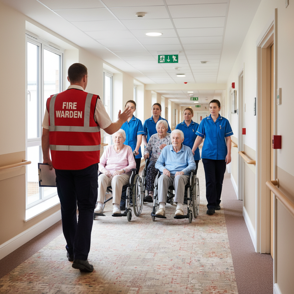 A fire warden leading residents and staff in a fire evacuation drill.