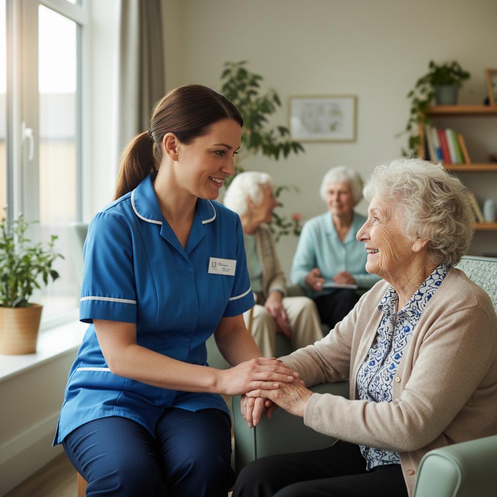 A care worker holding an elderly woman's hand, showing compassion.