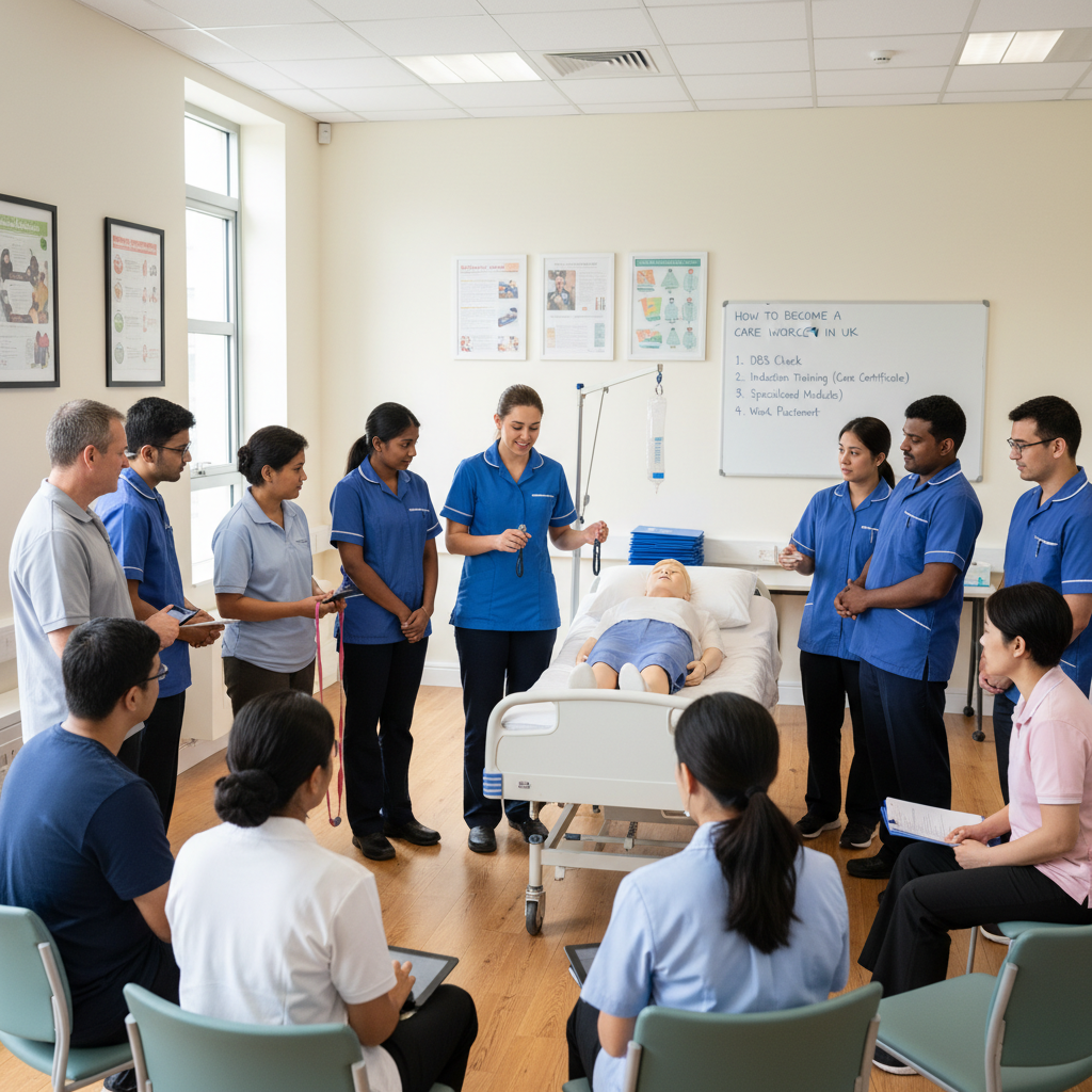 Care worker trainees learning practical skills in a training room.