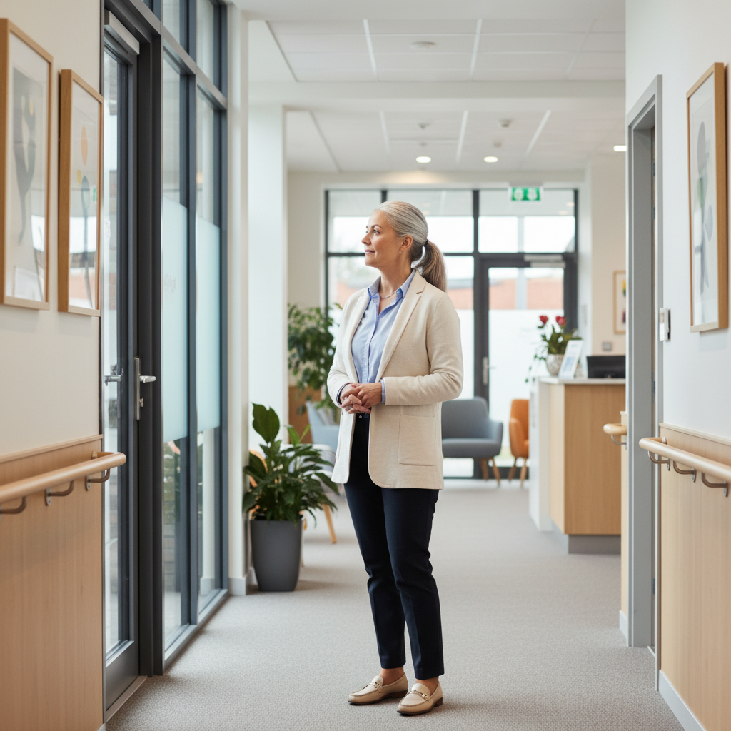 A professional care worker looking ahead, representing career progression.