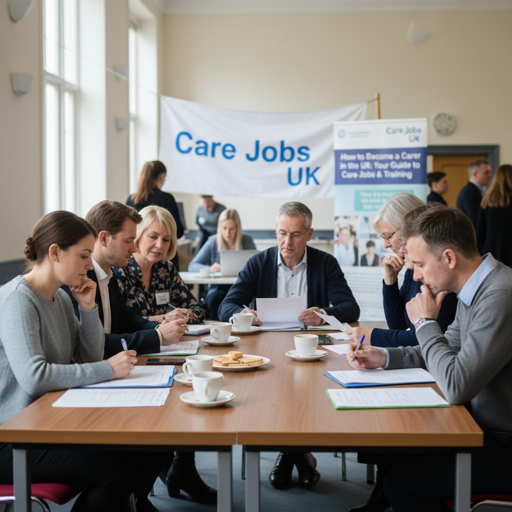 People looking at job application forms and information about care jobs in the UK.