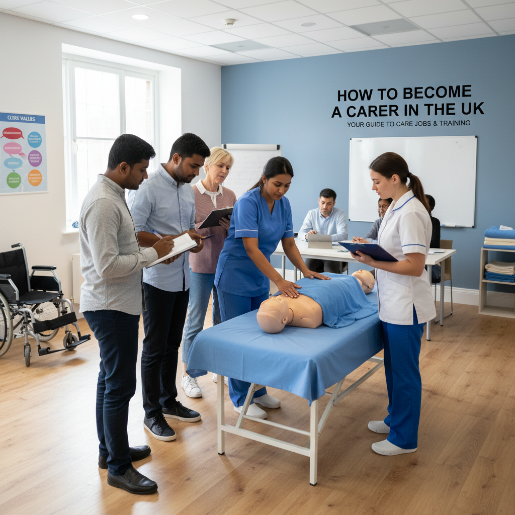 Adults learning practical care skills in a training session, with an instructor demonstrating a technique.