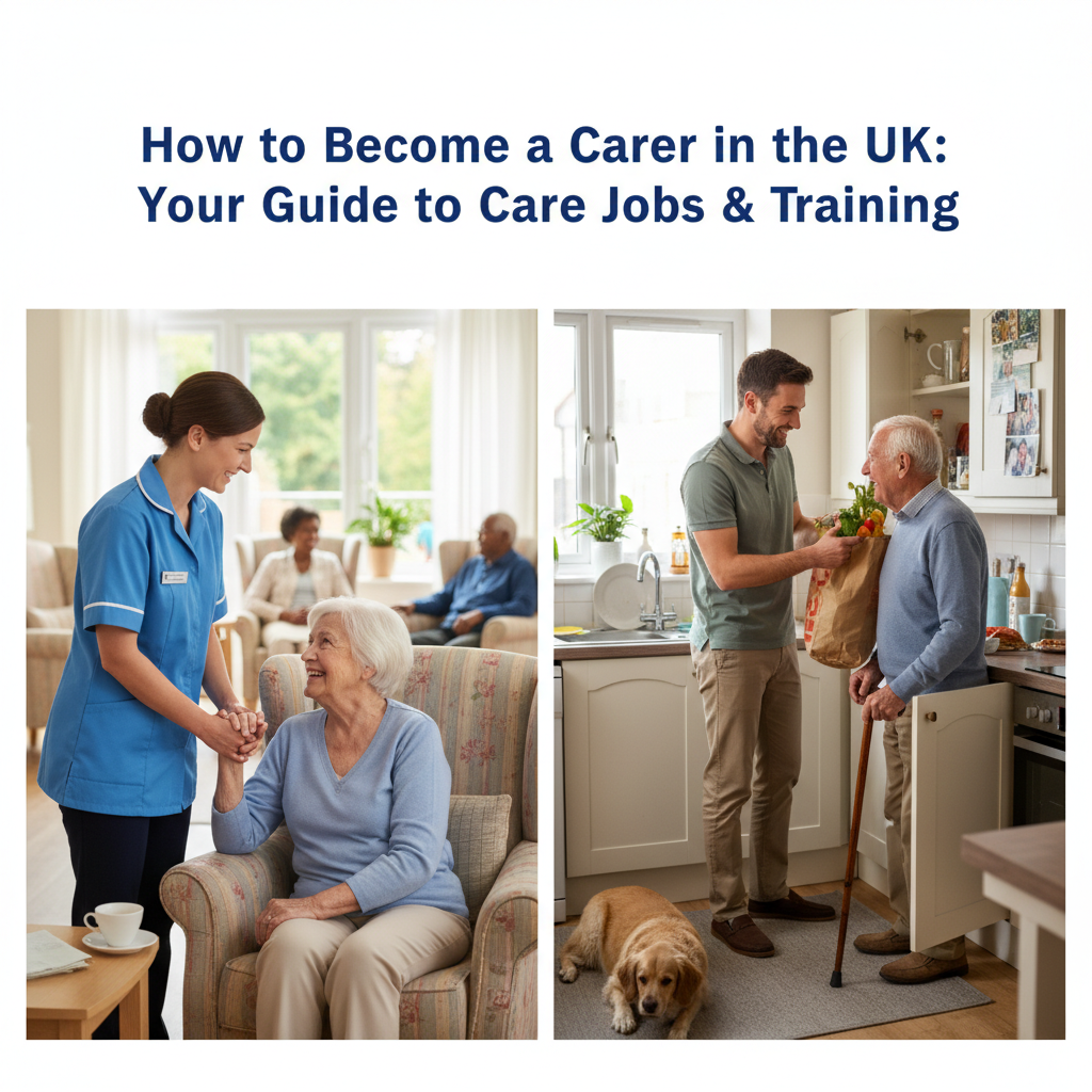 A split image showing a carer assisting an elderly person in a care home and another carer helping a client in their own home.