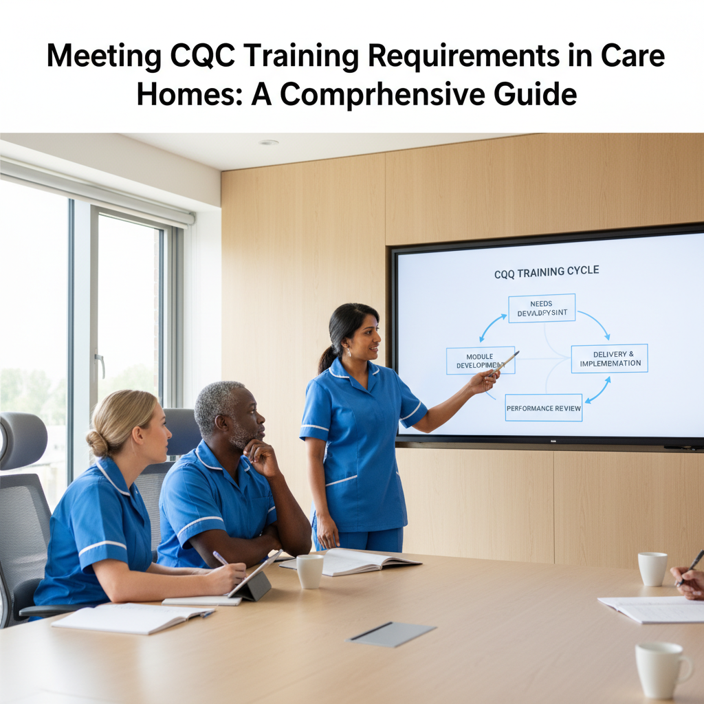 Care home staff collaborating in a training session, discussing core pillars of CQC compliant training.
