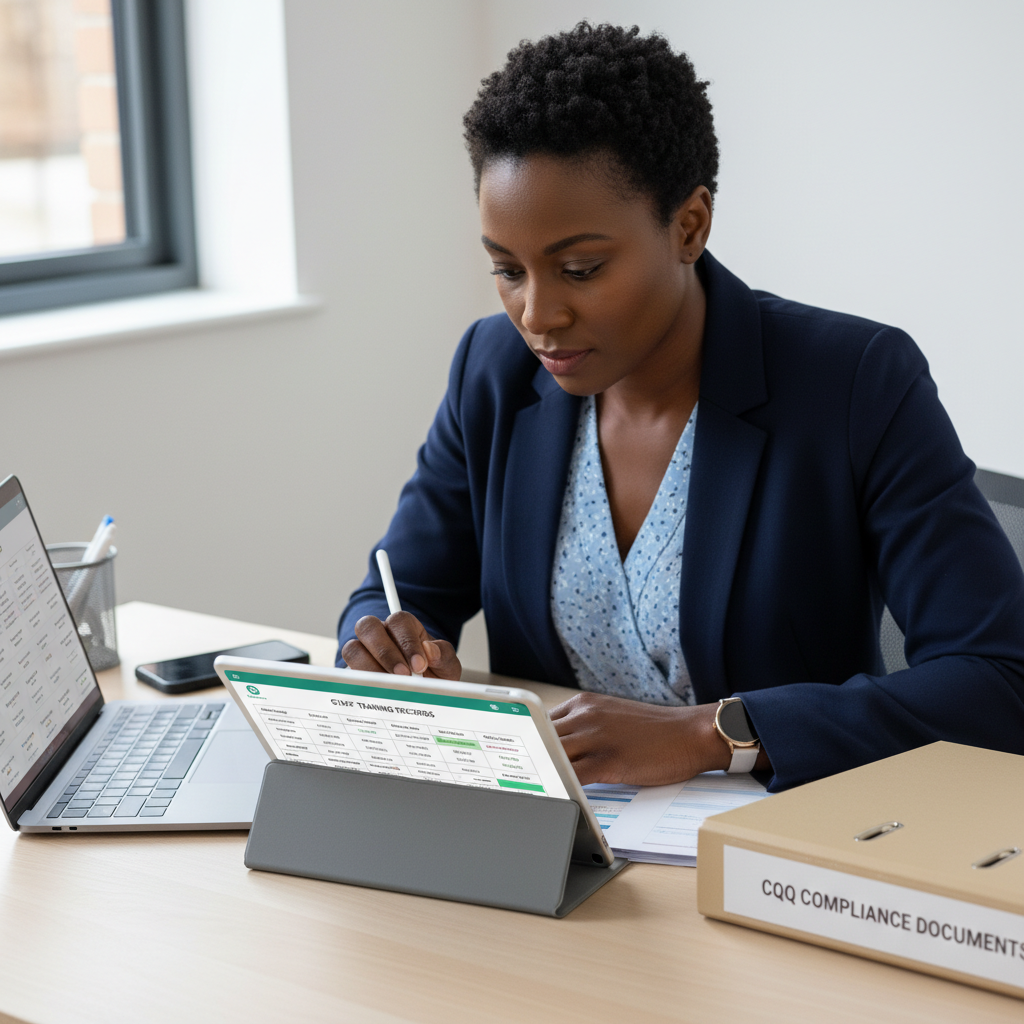 A care home manager updating digital training records on a laptop.