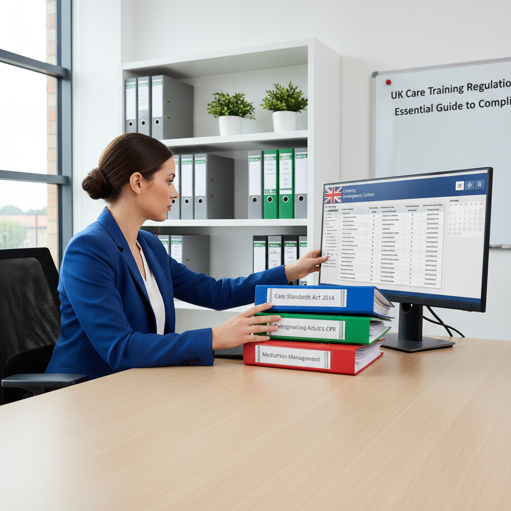 An administrator organizing digital and physical training records in a care office.