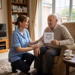 Support worker assisting an elderly man with dementia in his home.