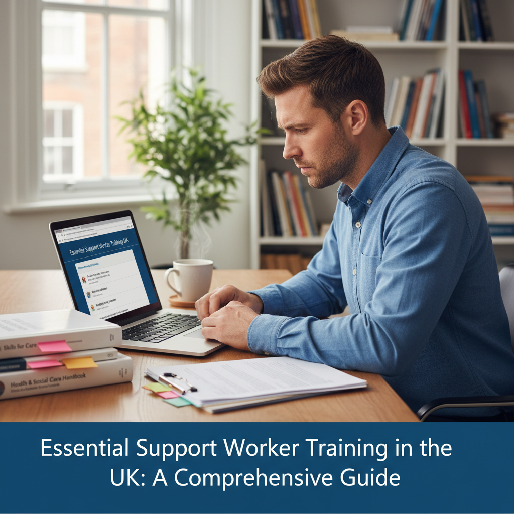 A support worker studying online for continuing professional development.