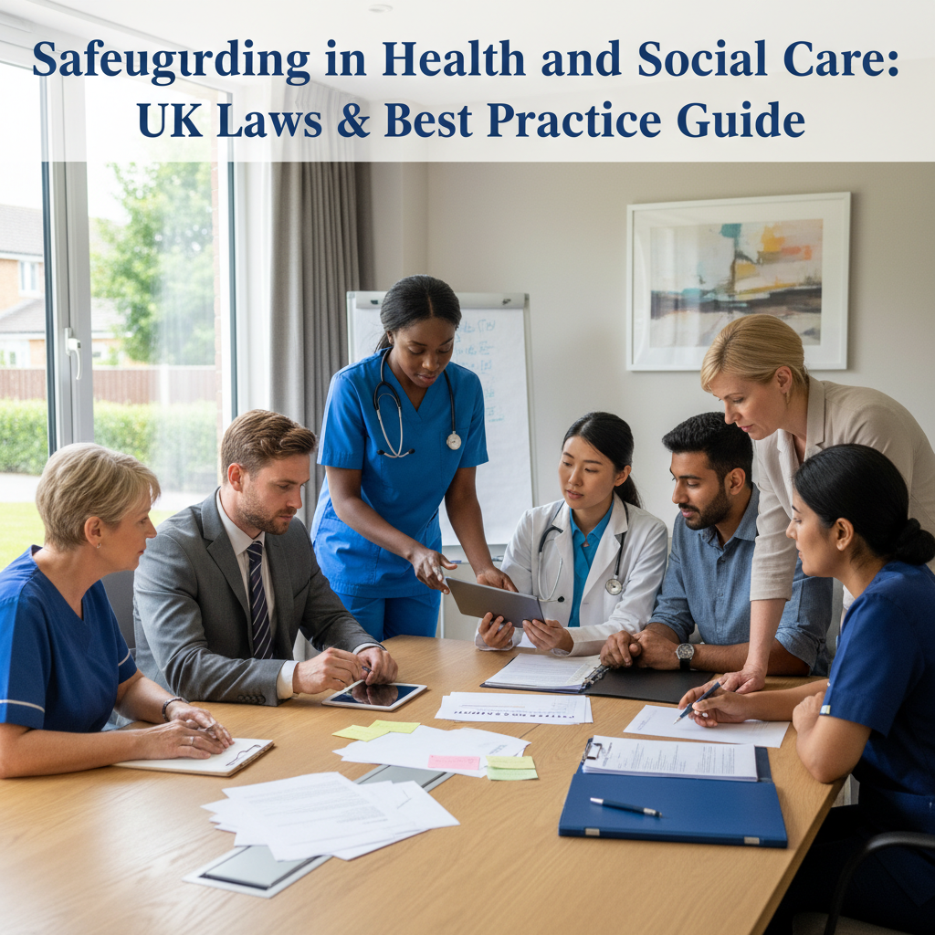 Healthcare professionals discussing safeguarding procedures in a care setting.
