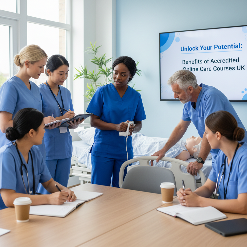 A group of care professionals participating in a training session, discussing and learning new skills.