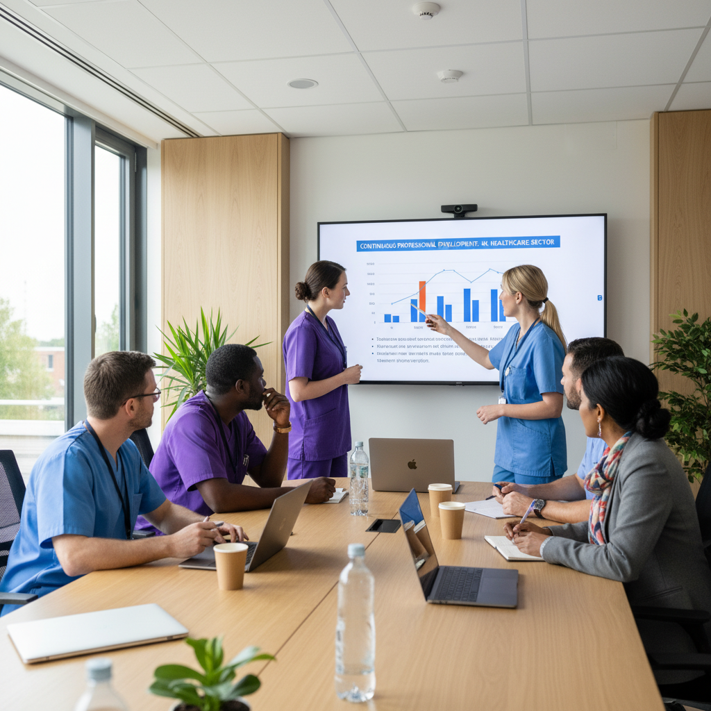 A diverse group of health and social care professionals learning collaboratively in a training room.