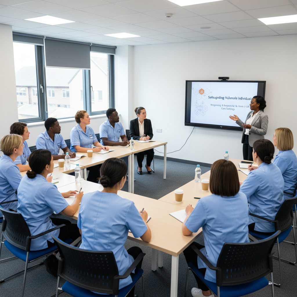 A group of diverse care professionals attending a safeguarding training session.