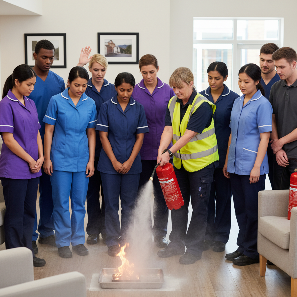 Care professionals in a UK care home learning fire safety with an instructor.