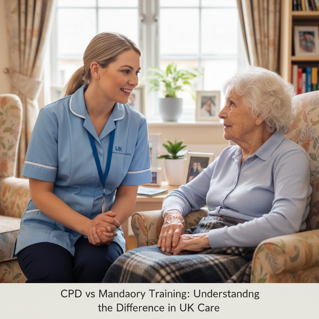 A care worker talking to an elderly resident, showing empathy and safeguarding practices.