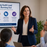 Woman presenting to a small team in a meeting room, standing beside a screen displaying “Managing Audit Load Without Burning Out” while colleagues listen and take notes.