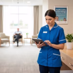 A care worker reviews a risk assessment on a tablet in a care home.
