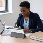 A care home manager updating digital training records on a laptop.