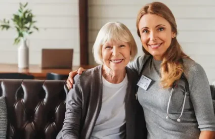 Portrait of friendly nurse cares for elderly woman in nursing home